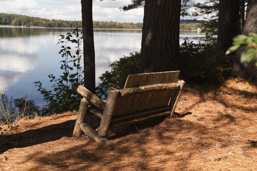 A rustic wooden bench sits beside a serene lake surrounded by trees.