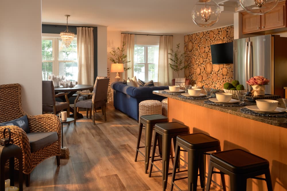 A cozy open-concept living space featuring a kitchen bar, dining area, and comfortable seating with natural decor.